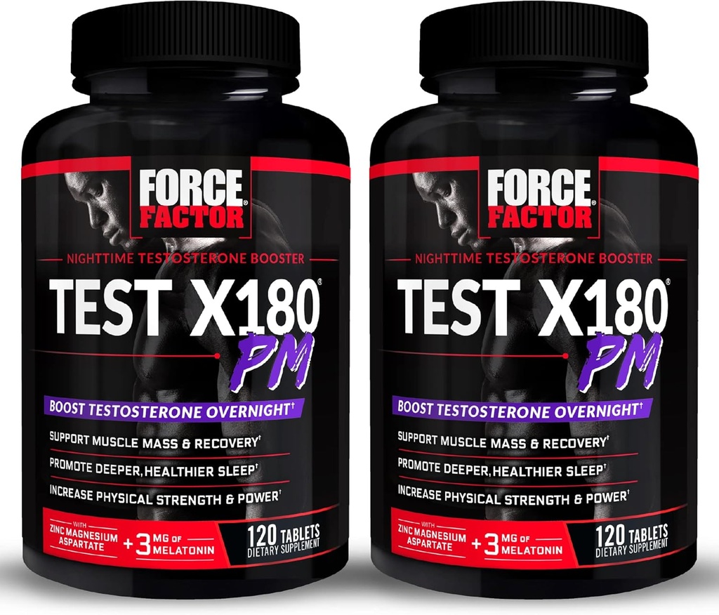 FORCE FACTOR Test X180 PM, 2-Pack, Testosteron Booster für Männer, Overnight Testosteron Ergänzung zu Muskeln zu bauen, Stärke zu erhöhen, und fördern tiefer, gesünder Schlaf und Erholung, 240 Tabletten