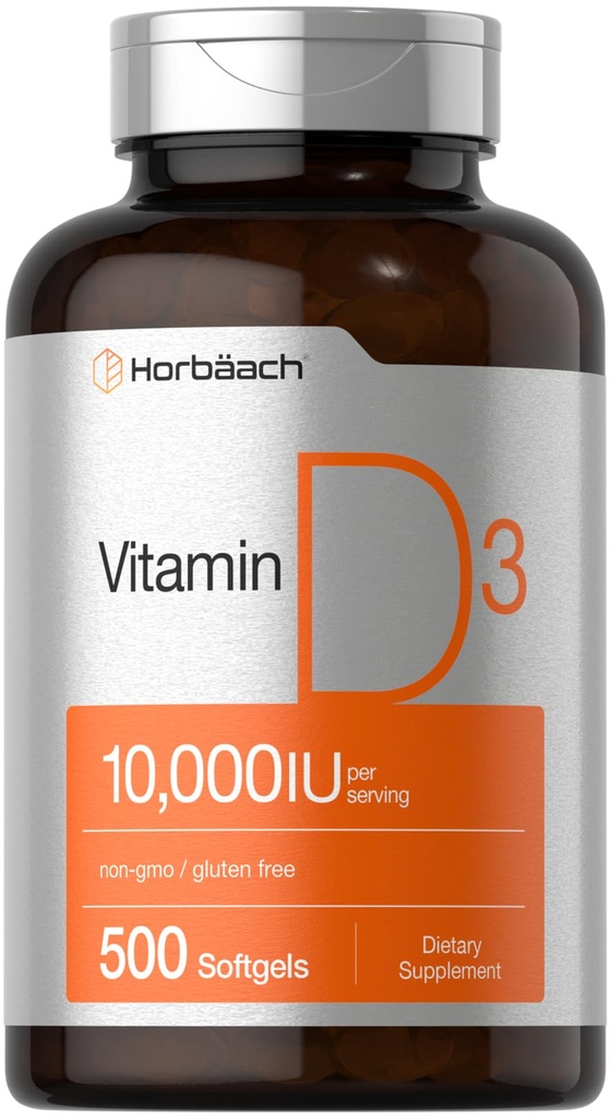 Horbäach Vitamine D3 10000 UI de 500 softgels non-OGM, supplément sans gluten Taille de la valeur 250 mcg de formule à haute puissance