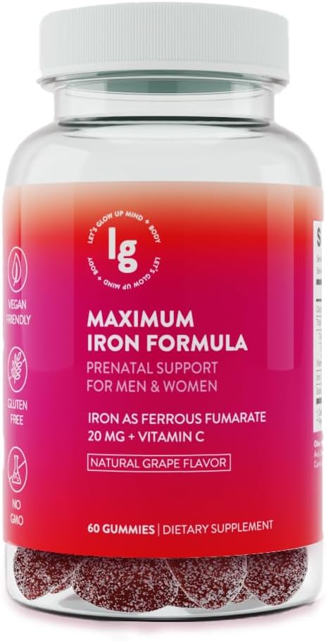 Eisengummis – 20 mg hohe Absorption Eisen + Vitamin C, B12 & Folate – Vegan, Non‐GMO, Gluten‐Free – Energie &amp; Anämie Unterstützung – 60 Ct