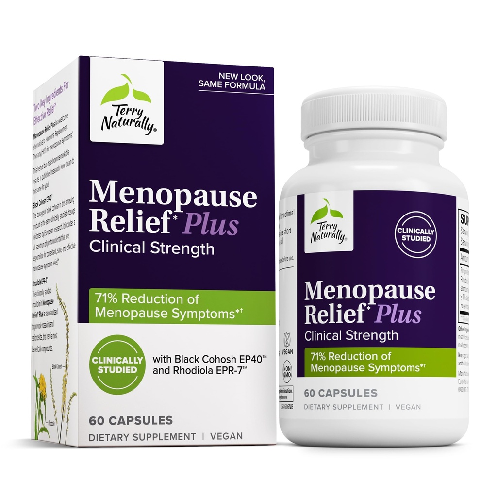 Terry Natürlich Menopause Relief Plus - Menopause Symptom Beilage - Beilage gegen okzionale Müdigkeit & Nacht Sweats - Beilage mit Rhodiola & Black Cohosh - 60 Kapseln