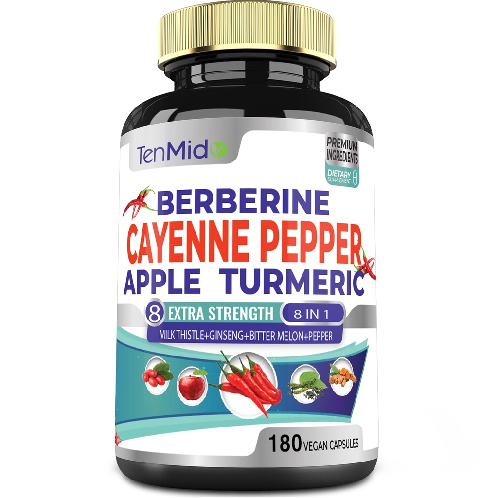 Cayenne Pfeffer Ergänzungen Extrakt Kapseln, 180 Kapseln & Berberine, Apfel, Kurkuma, Bitter Melon, Ginseng, Milchdistel | Unterstützt Herzgesundheit, fördert Verdauungsfunktion