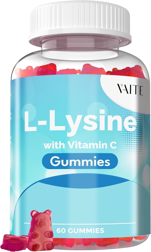 VAITE L-Lysine 800mg Gummie mit Vitamin C - Haut, Lip & Cold Sore* Unterstützung für Frauen - Lysin für Erwachsene, unterstützt Gewebe Gesundheit & Immunsystem, Aminosäure & Complex Supplements, 60 Vegan Chewable