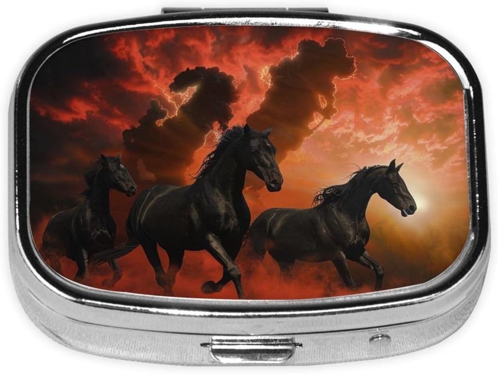 Black Horses Red Glowing Clouds gedruckt Square Pill Organizer mit 2 Komponenten, Portable Mini Pill Box Pill Case für Medizin, Vitamin, Fischöl, Ergänzungen