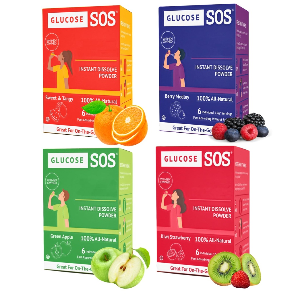 Glucose SOS Glucose-Packets mit natürlichem Dextrose, Schnell-Absorption, die sich in Ihrem Mund mit kein Wasser benötigt löst, 4 Geschmacksvarietät 24 Servierungen