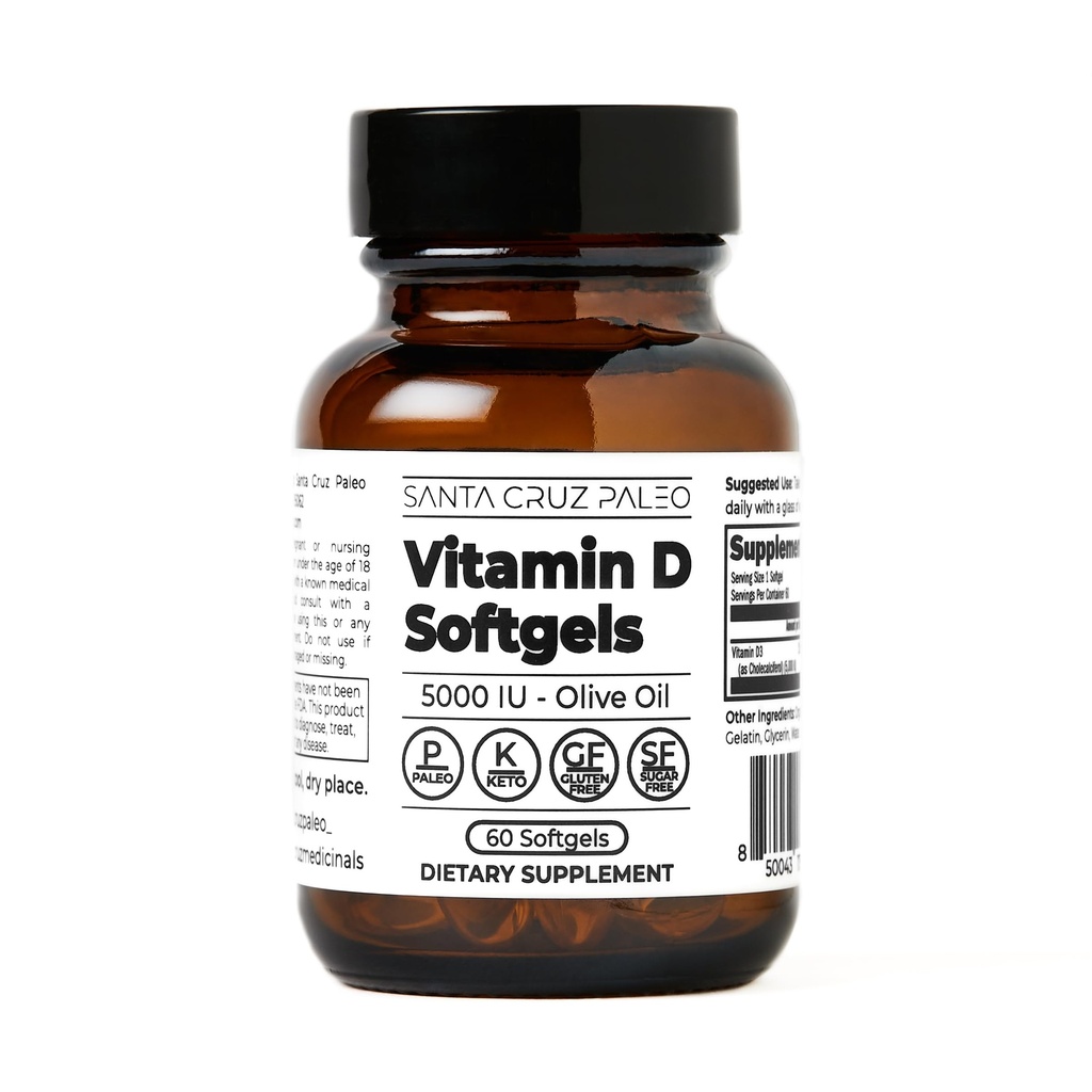 Santa Cruz Paleo Vitamin D Supplement, Knochengesundheit und Immununterstützung, 5000 i.u. Per Softgel, Glutenfrei, Keto, Zuckerfrei, Paleo, Vitamin D3, Olivenöl zur Absorption, Natürliche Inhaltsstoffe, 60 Softgels