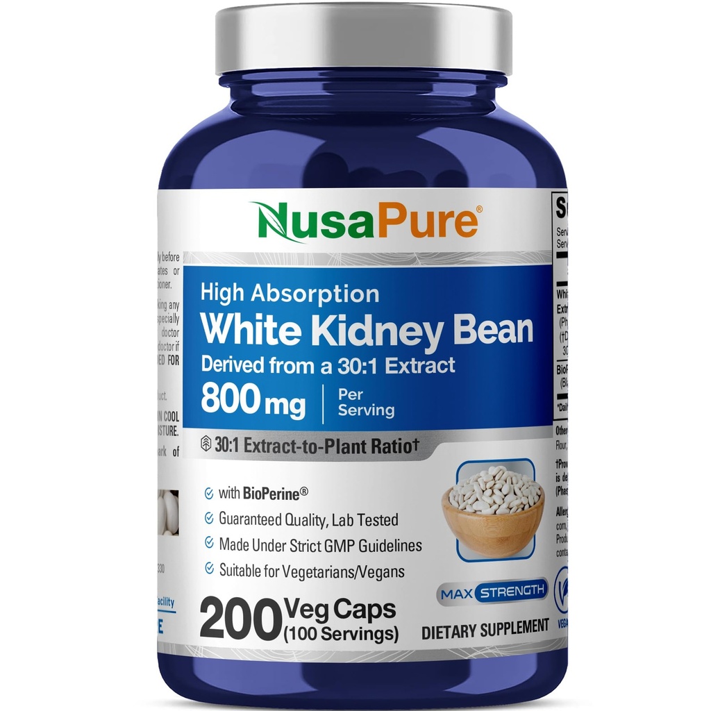 NusaPure Haricots du rein blanc 30:1 Extrait, 800 mg équivalent à 24 000 mg 200 Capsules de végétalien - Biopérine - (Vegan, non-OGM)