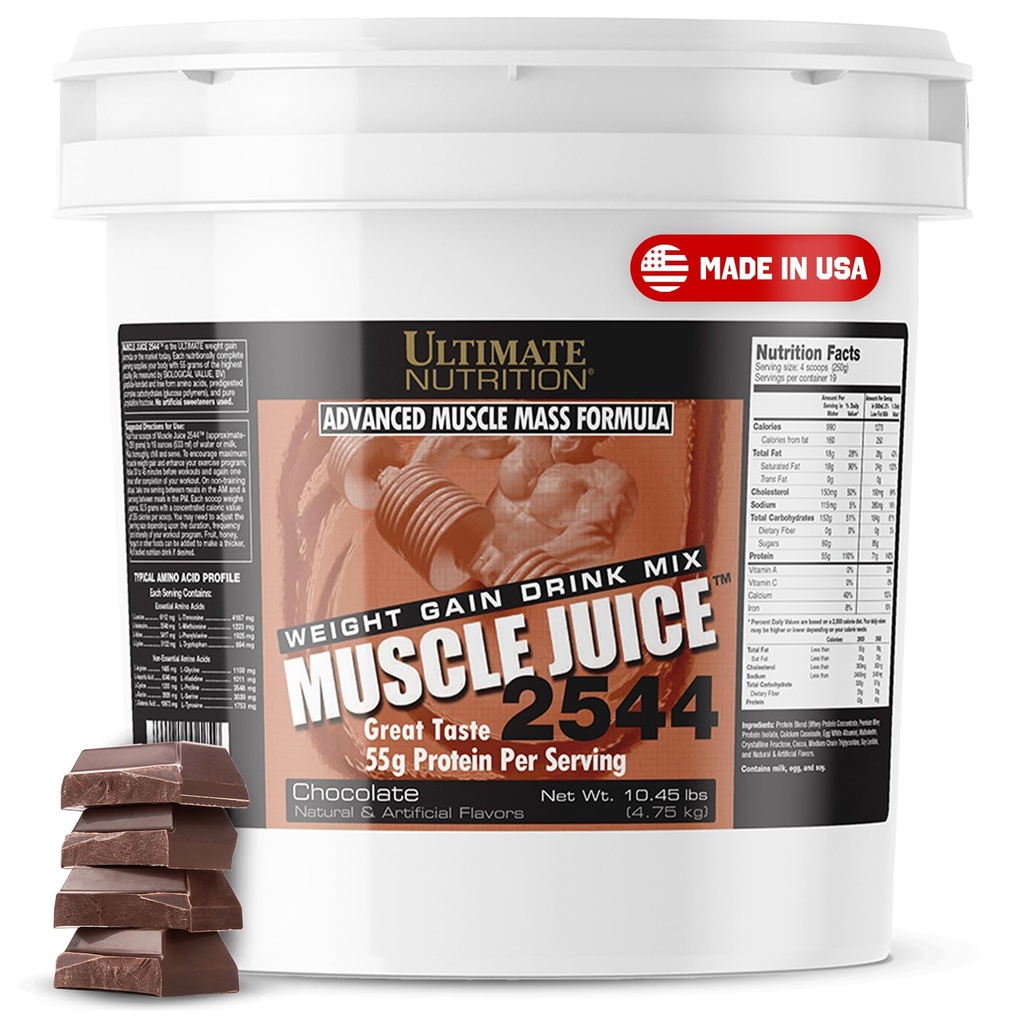 Ultimate Nutrition Muscle Juice, Weight Gain Drink Mix - Masse Gainer Workout Pulver für Männer & Frauen - Ergänzung für Lean Muskelwachstum & Immununterstützung mit 55g Protein - Schokolade, 10.45lb
