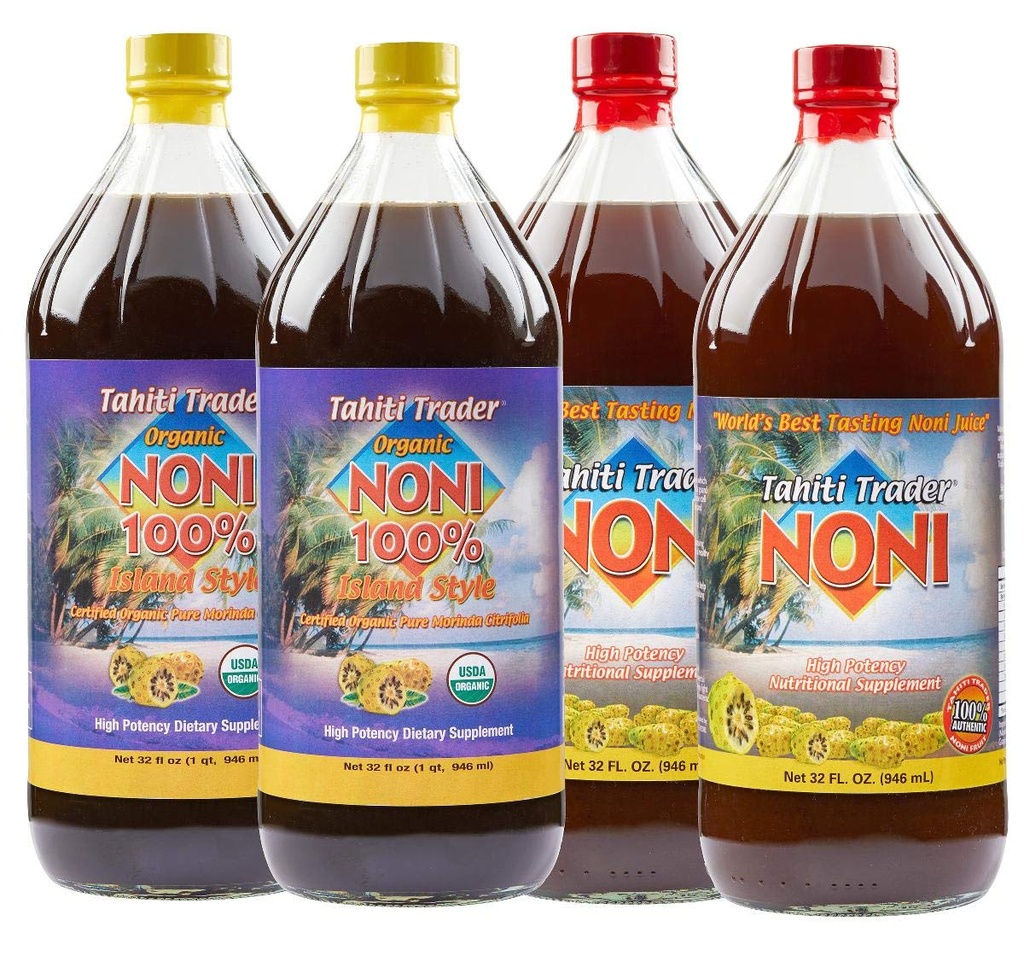 TAHITI TRADER Mix & Match - Jus de style Noni & 100% Noni Island - Jus de super-aliments antioxydants biologiques soutenant l'énergie et la santé corporelle - (32oz, 4 Pack)