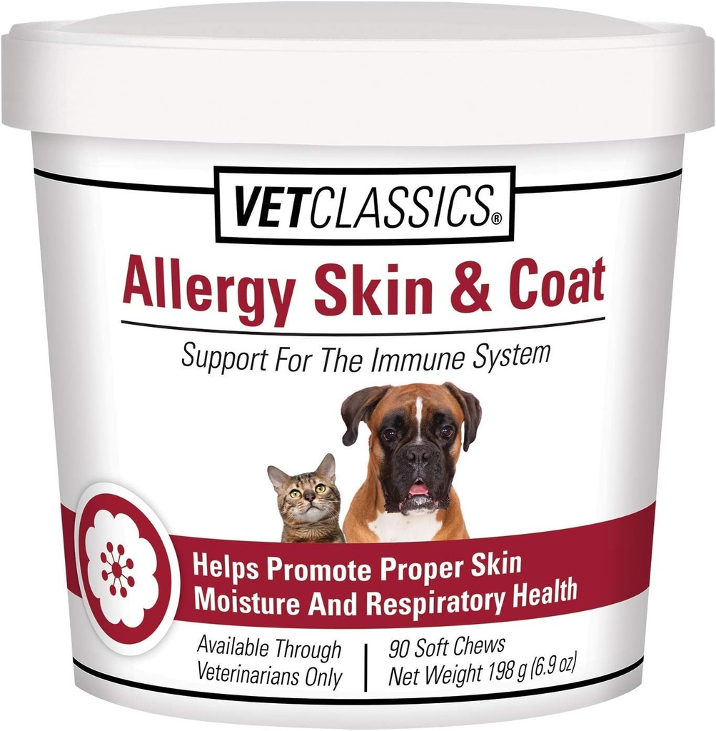 Vet Classics Allergy Skin & Coat-Supplement für Hunde & Katzen – Tiergesundheitsergänzung für Katzenhautfeuchte, Hundeallergiker, Tierrespiratorische Gesundheit– Inklusive Antioxidantien – Weichkäse 90 Ct.
