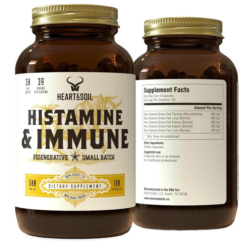 HEART & SOIL – 100% Gras Fed & Finished Histamin & Immun Support Supplement von Regenerativen Rindern mit Thymus, Lung, Spleen, Liver, & Kidney – Immune Defense – Glasflasche – 180 Kapseln