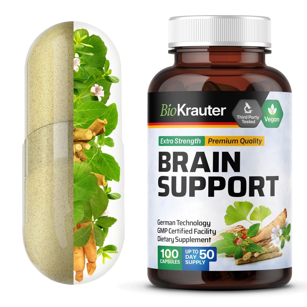 BIO KRAUTER Brain Support Supplement - 100 Count - 1300 mg Blend von Ashwagandha, Panax Ginseng und Ginkgo Biloba - Vegan, keine Füllstoffe