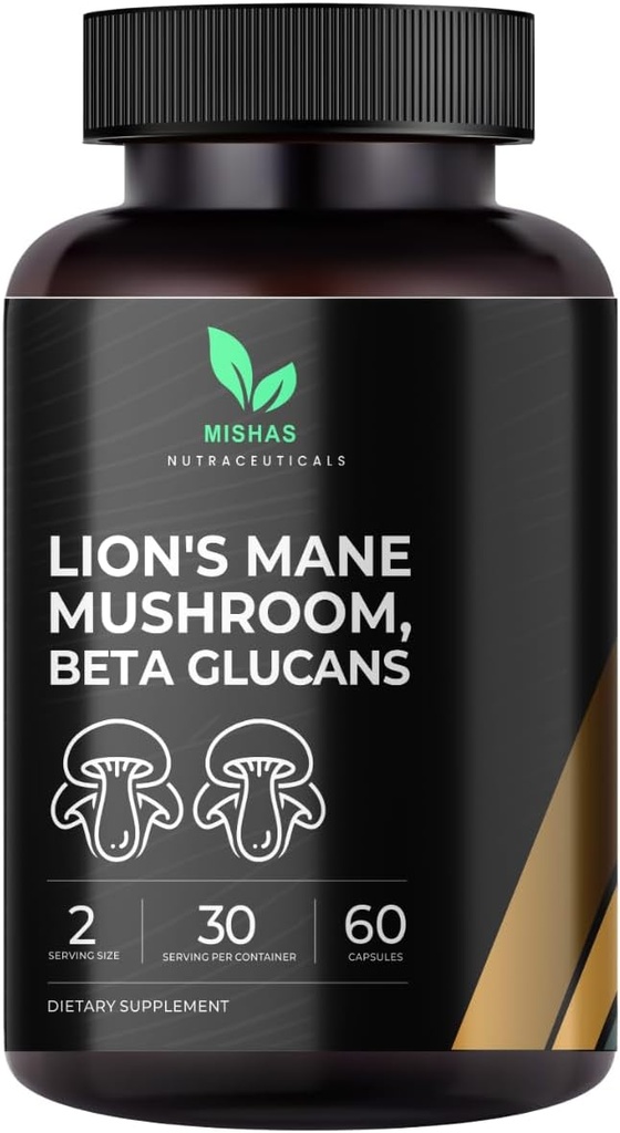 Mishas Lions Mane Supplement - Organic Lions Mane - Brain Health Support - Mushroom Support for Focus & Memory, Immune & Nervous Function System Women & Men - 60 Vegan Capsules