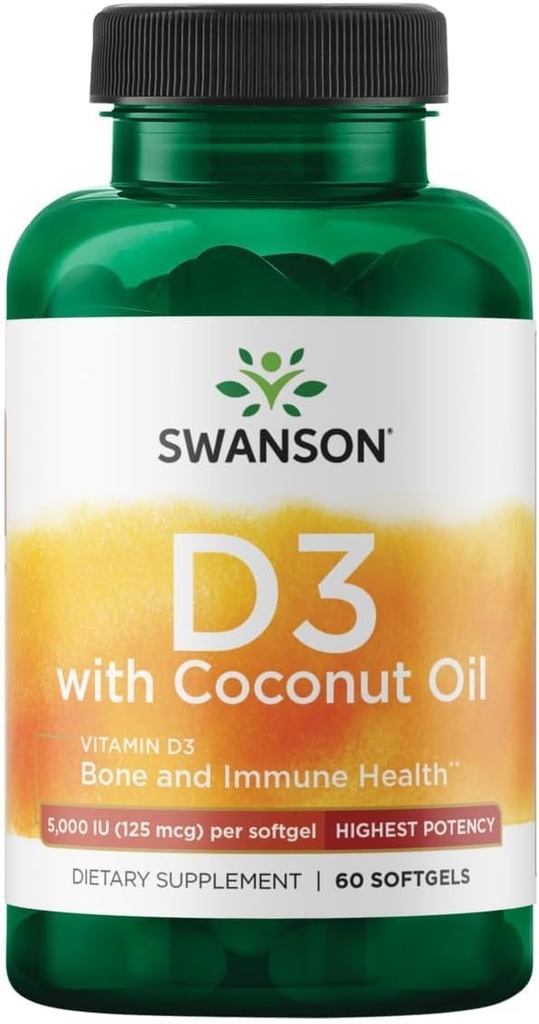 Swanson High Potency Vitamine D-3 w/Coconut - Supplément naturel Promouvoir la santé des os et le soutien du système immunitaire - Peut aider à augmenter l'absorption de calcium - (60 Softgels, 125mcg chacun)