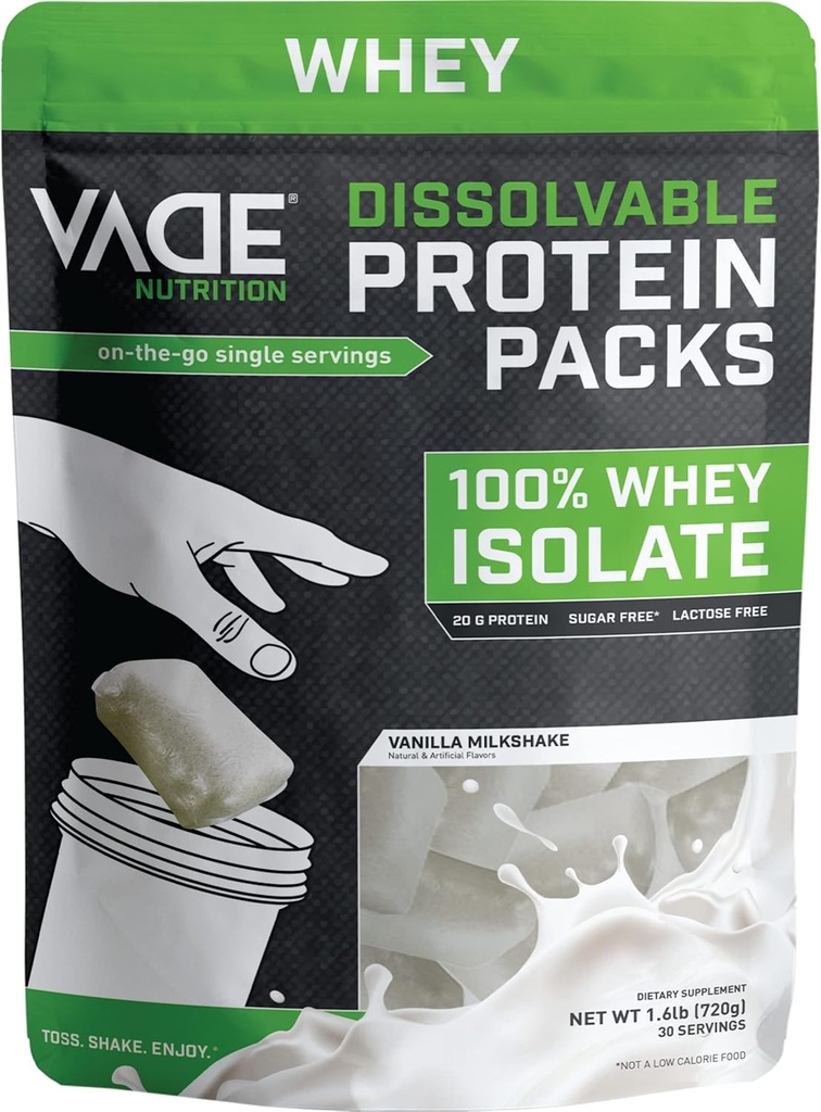 VADE Nutrition Dissolvable Protein Packs - 100% Whey Isolate Protein Pulver Vanille Milkshake - Low Carb, Low Calorie, Lactose Free, Sugar Free, Fat Free, Gluten Free - 30 Packets to Go
