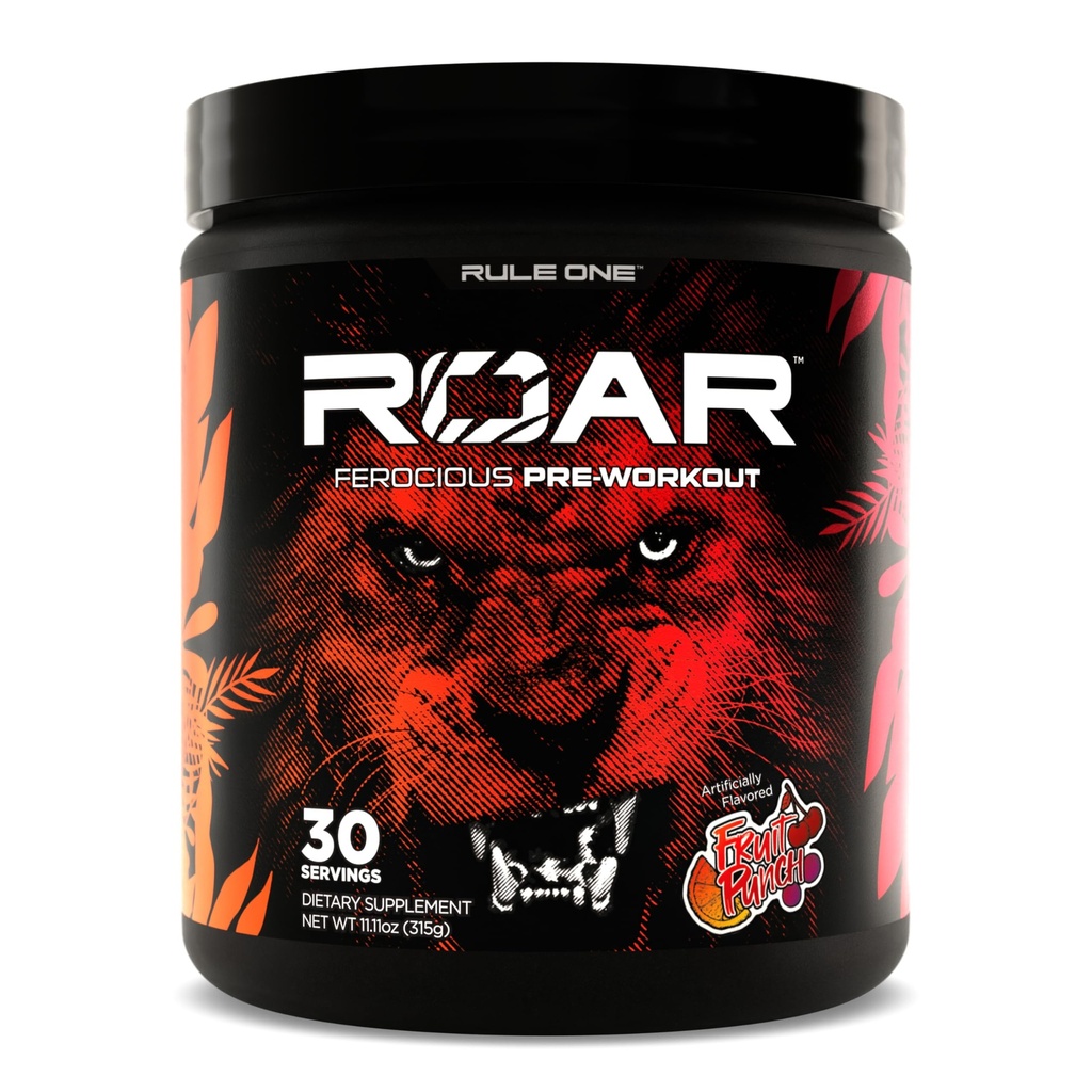 Règle 1 R1 Roar - Poudre de pré-travail avec créatine, bêta-alanine, citrulline, électrolytes et caféine (30 portions, punch de fruits)