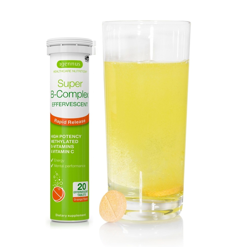 Igennus Super B-Complex liquide méthylé B-Vitamine supplément effervescent, boisson énergétique à action rapide, caféine et sans sucre, saveur orange, végétalien, 20 comprimés