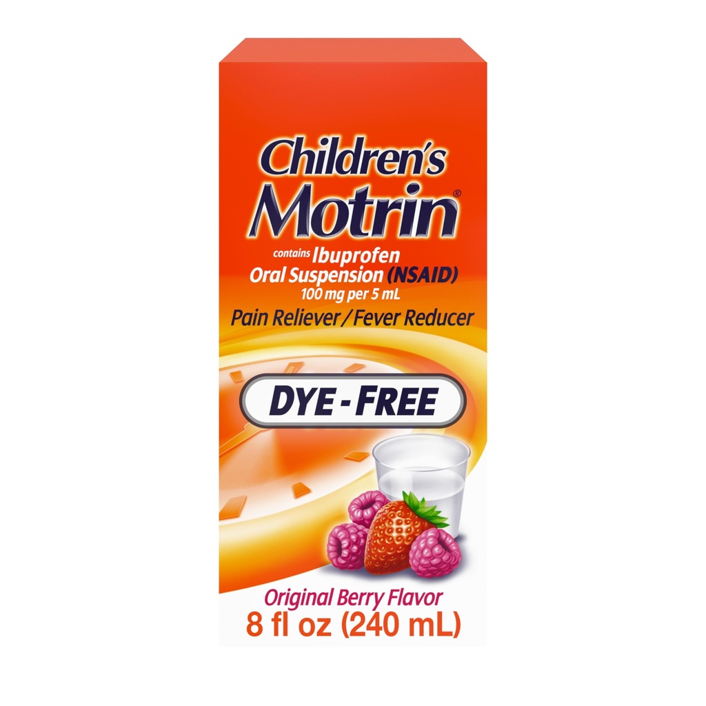 Suspension buvable de Motrin pour enfants 100mg Ibuprofène Médecine, NSAID Réducteur de fièvre et soulagement de la douleur pour les douleurs et les douleurs mineures dues au rhume et à la grippe, sans colorant, sans alcool, aromatisé au Berry, 8 fl. oz