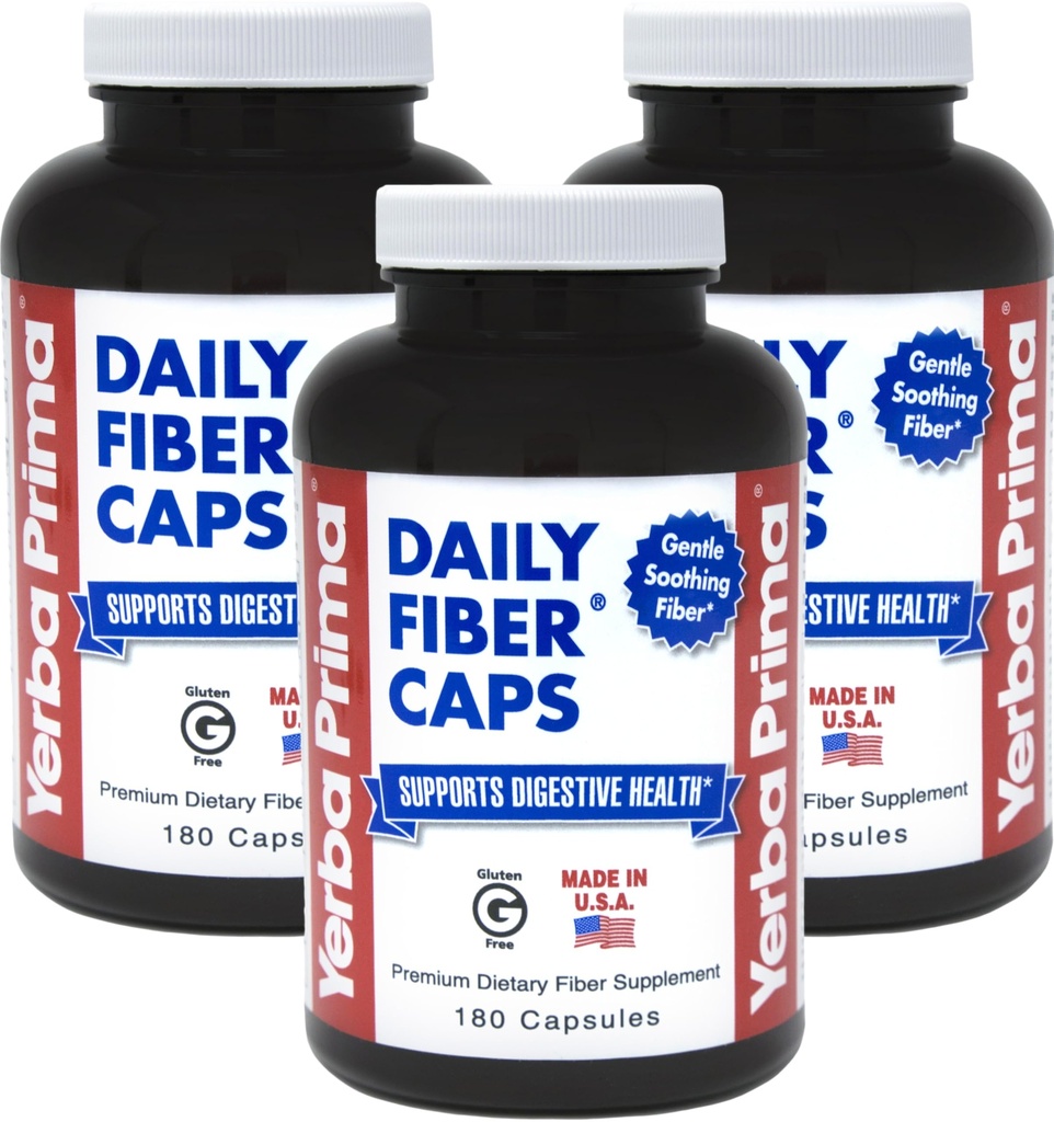 Gélules de fibre quotidienne Yerba Prima, 180 capsules (paquet de 3) - Supplément de fibre diététique soluble - Nettoyage des colonies - Santé des intestins - Relief de constipation, végétalien, non-OGM, sans gluten
