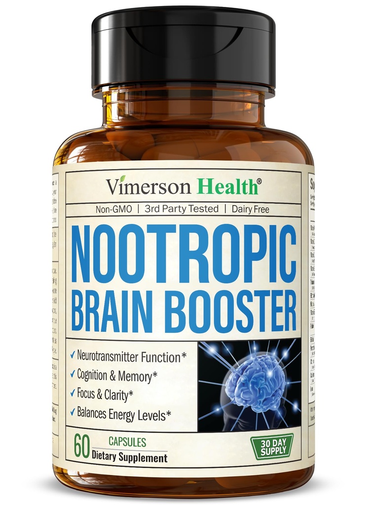 Nootropics Cerveau Support Supplément - Nootropic Cerveau Booster pour une meilleure concentration, concentration et mémoire. Cerveau Nootrope pour la santé cérébrale, l'humeur et le soutien énergétique. Non-OGM. Fabriqué aux États-Unis. 60 gélules