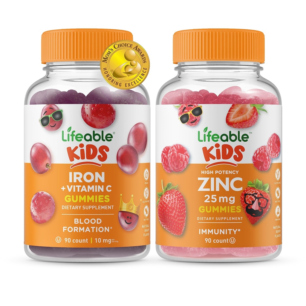 Lebendige Eisen & Vitamin C Kinder + Zink 25mg Kinder, Gummis Bundle - Große Verkostung, Vitamin-Ergänzung, Glutenfrei, GMO frei, Kaugummi