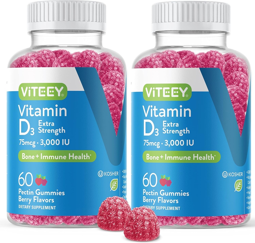 Vitamin D3 Gummi für Erwachsene & Teens - 3.000 IU, 75mcg, Extra Strength - Gelenk- & Muskel-Gesundheit, Immun-Boost - Kaubare Vitamin D Gummies - Vegetarisch, Gelatin kostenlos - Tasty Berry Flavored Gummy