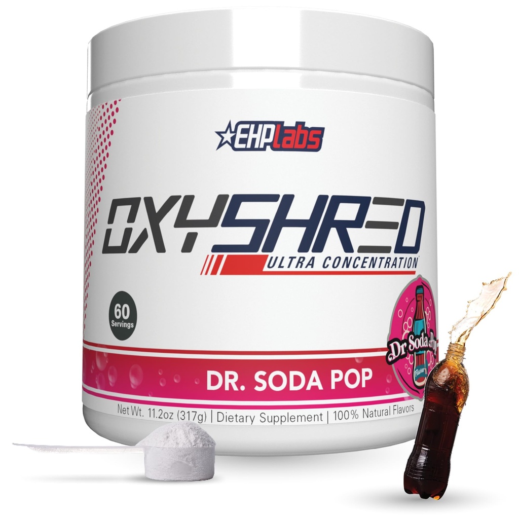 EHP Labs OxyShred Thermogenic Fat Burner - Poudre de pré-travail avec L-Glutamine, Acétyl L-Carnitine, Booster de métabolisme, Perte de poids, Contrôle de l'appétit, Boissons énergétiques, Dr. Soda Pop, 60 portions