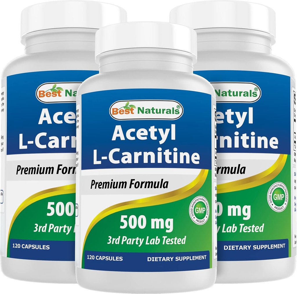 Best Naturals Acetyl L-Carnitin (ALCAR) 500mg, 120 Kapseln, 120 Portionen - Non-GMO und Glutenfrei, 1 Kapsel pro Portion (3 Packung)