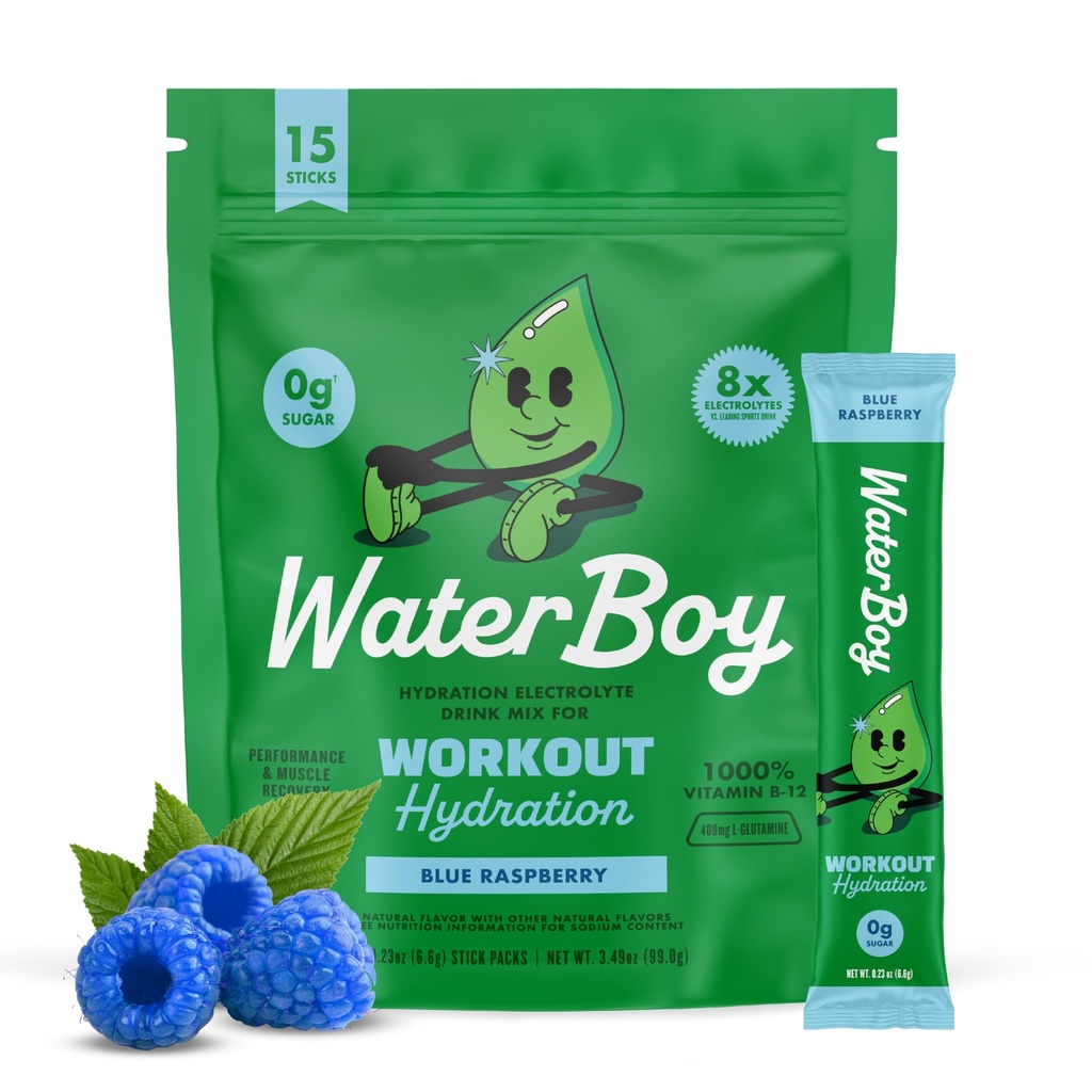 Waterboy Workout Hydratation $ 2,960mg Sans sucre Packets de poudre d'électrolyte $ L-Glutamine + Vitamines $ Pas de sucre, tout naturel, sans gluten $ 15 Mélanges de bâtons de boisson (framboise bleue)