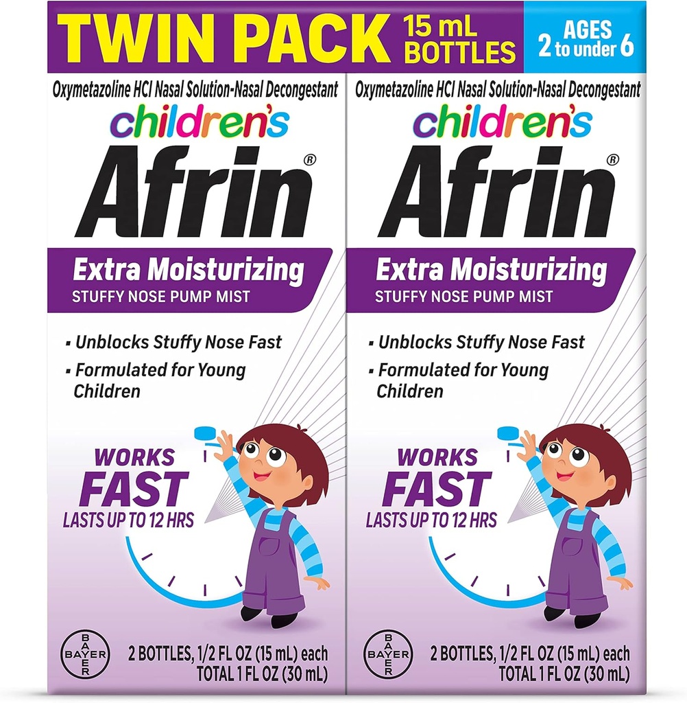 Afrin Children's Extra Moisturizing Nasal Mist, Non-Drowsy, Fast-Acting Decongestant für bis zu 12 Hour Stuffy Nose Relief, Kinder Alter 2 bis 6, .5 fl oz (Pack von 2)