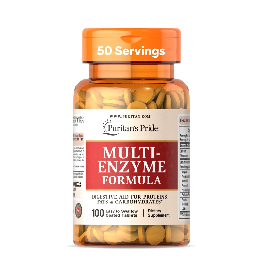 Formule multienzymes de la fierté de Puritan, aide digestive pour les protéines, les graisses et les glucides, supplément diététique pour la digestion et le soutien sain de la gueule, 50 jours d'approvisionnement, 100 comprimés enrobés faciles à avaler