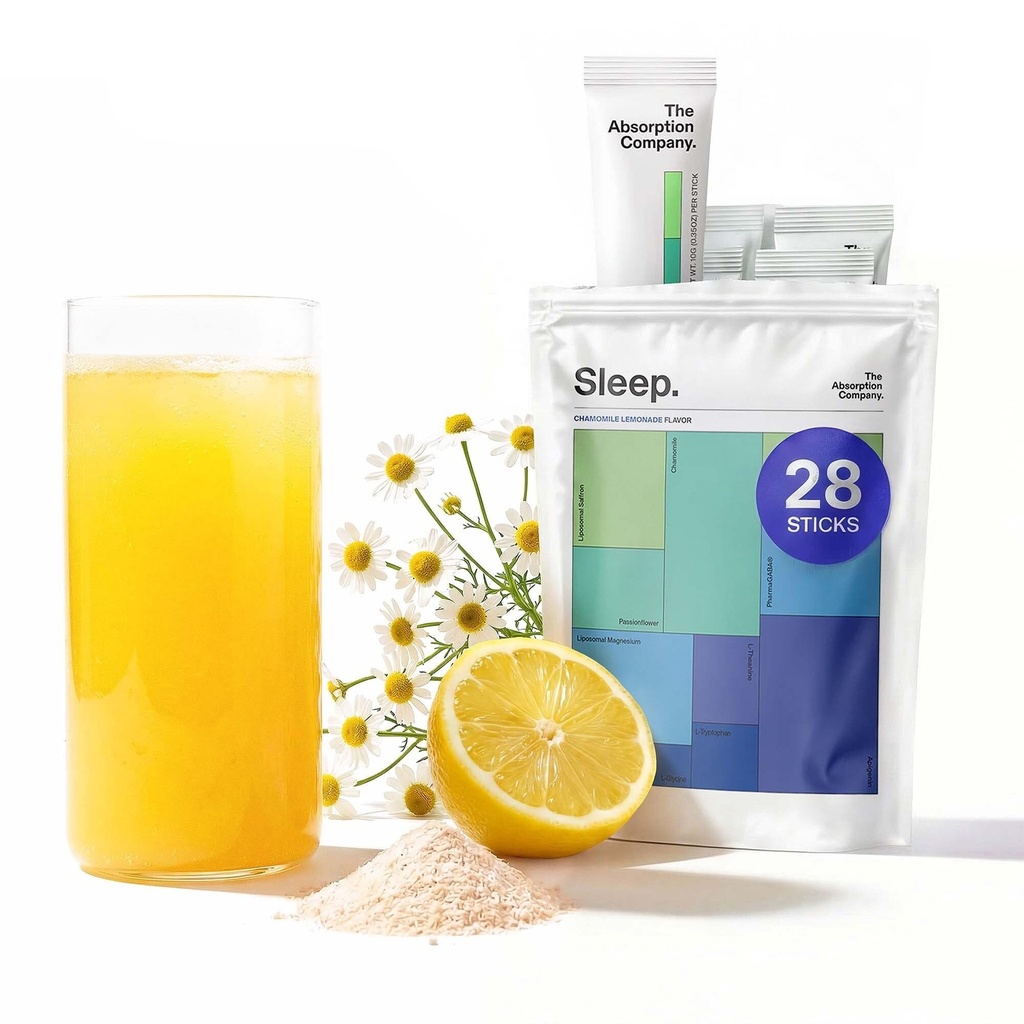 Schlafhilfe-Pulver - Beruhigungsgetränk für tiefen Schlaf mit Liposomal Saffron, Magnesium & PharmaGABA Melatonin-freie natürliche Ergänzung zu reduzieren Stress und verbessern Schlafqualität Kamille Lemonade 28 Sticks