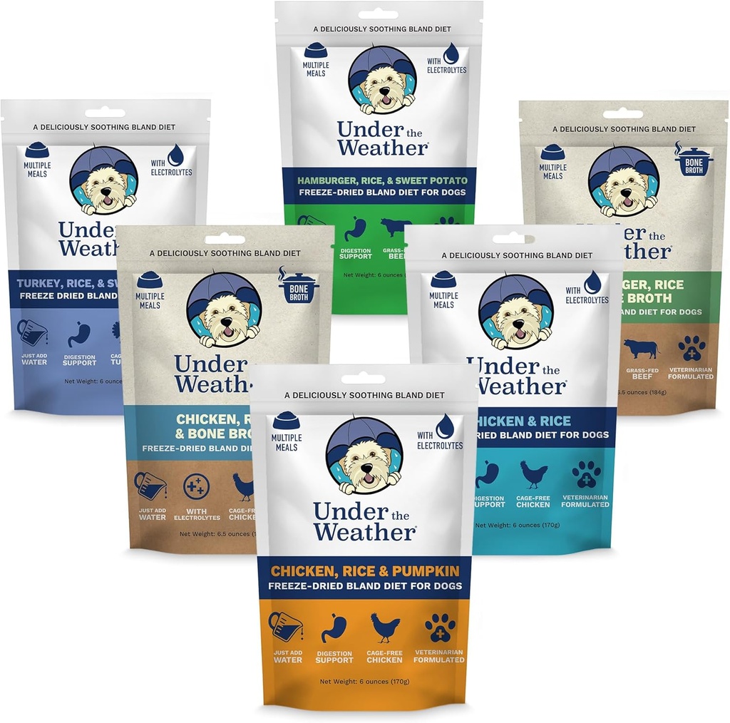 Unter der Wetter Bland Diät für Hunde | Einfach zu digest für kranke Hunde | Immer bereit sein | Enthält Elektrolyte - Alle natürlichen Frost Getrocknet 100% menschliche Grade Meats | 6 Pack - Multiflavor - 6oz