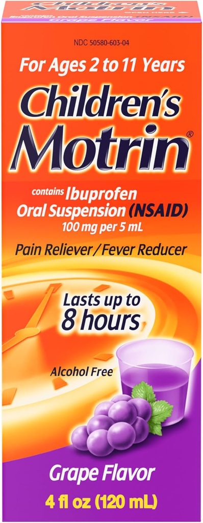 Motrin pour enfants Suspension orale, soulagement de la douleur, Ibuprofène, Saveur de raisin, 4 Oz