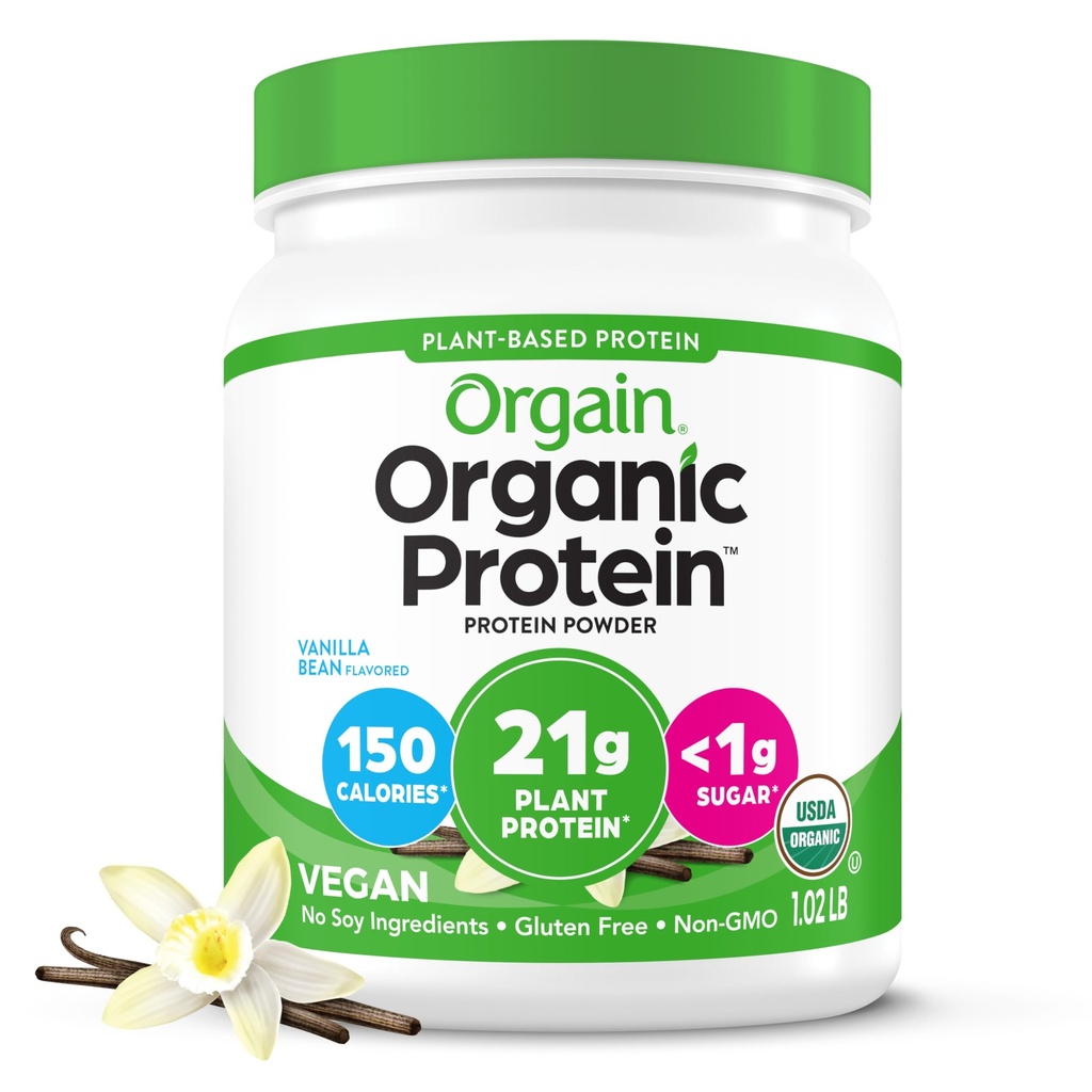 Orgain Organic Vegan Protein Powder, Vanilla Bean - 21g Pflanzenbasiertes Protein, 4g Prebiotic Fiber, No Lactose Ingredients, No Added Sugar, Non-GMO, Für Shakes & Smoothies, 1.02 lb (Packaging May Vary)