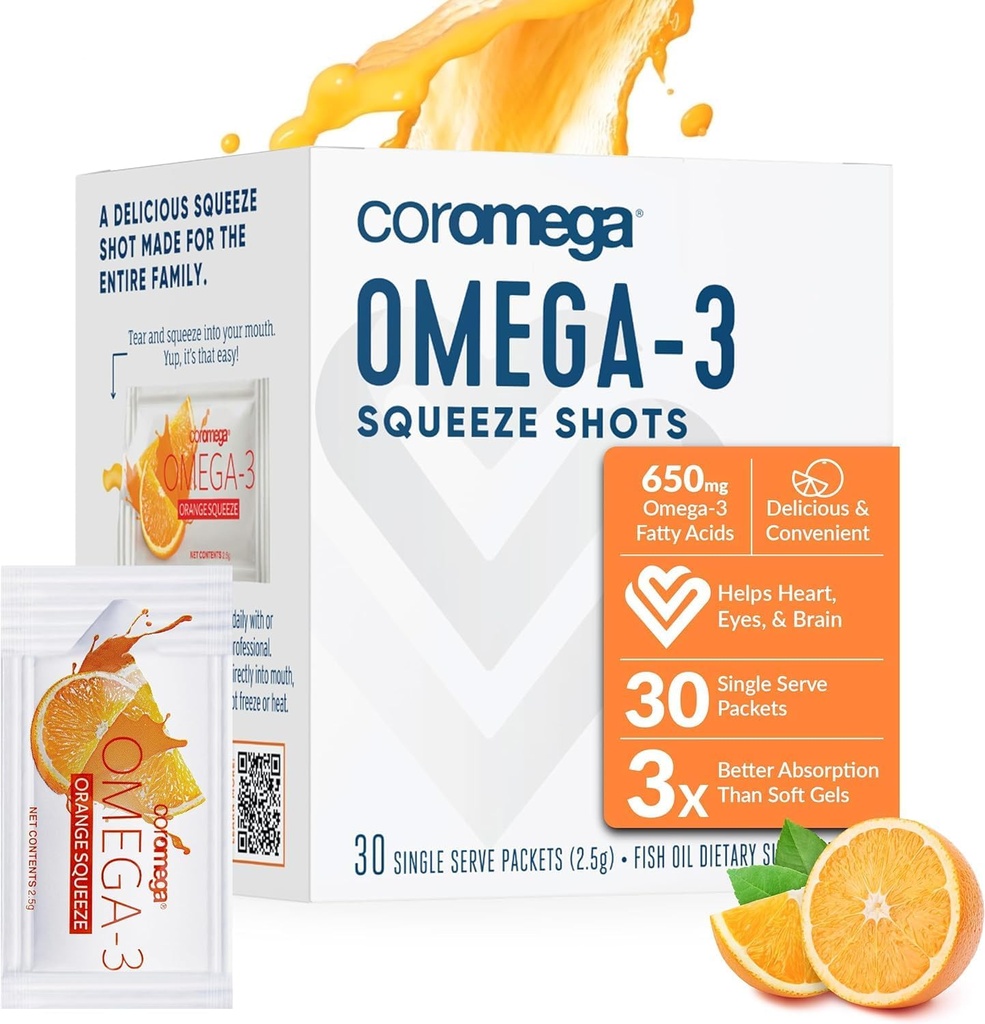 Supplément à l'huile de poisson Coromega Omega 3, 650mg d'Oméga-3s avec 3X meilleure absorption que les softgels, Arôme orange, 30 Packets Squeeze à usage unique