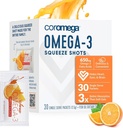 Supplément à l'huile de poisson Coromega Omega 3, 650mg d'Oméga-3s avec 3X meilleure absorption que les softgels, Arôme orange, 30 Packets Squeeze à usage unique