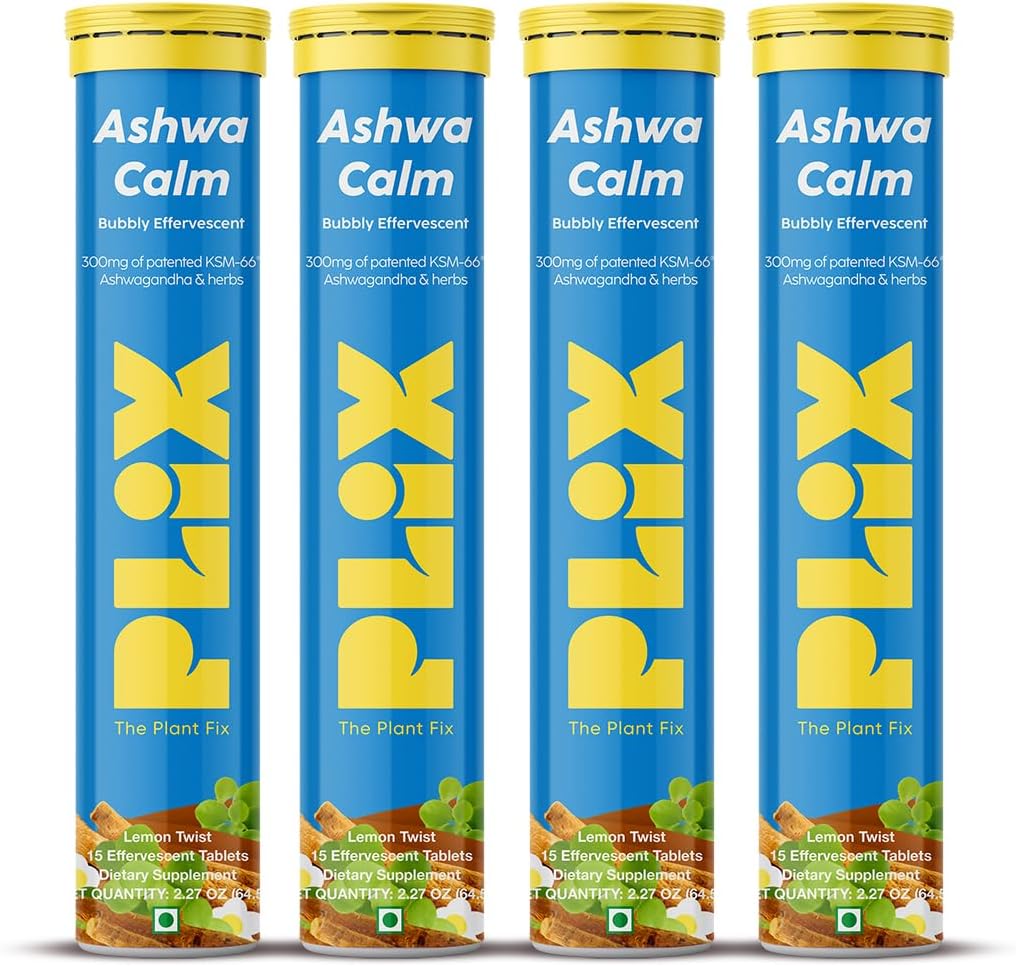 PLIX - THE PLANT FIX KSM-66 Ashwagandha 300mg Effervescent Supplements for Stress, Mood & Energy Support with Vitamin D3 & Brahmi - 60 Vegan, Non-GMO, Glutenfreie Tabletten, Paket von 4
