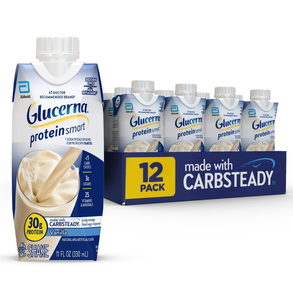 Glucerna Protein Smart Diabetes Care Shake, Vanille, Diabétique substitut de repas pour soutenir la gestion du sucre dans le sang, 30g de protéines, 150 calories, prêt à boire, 11-fl-oz bouteille, 12 Pack