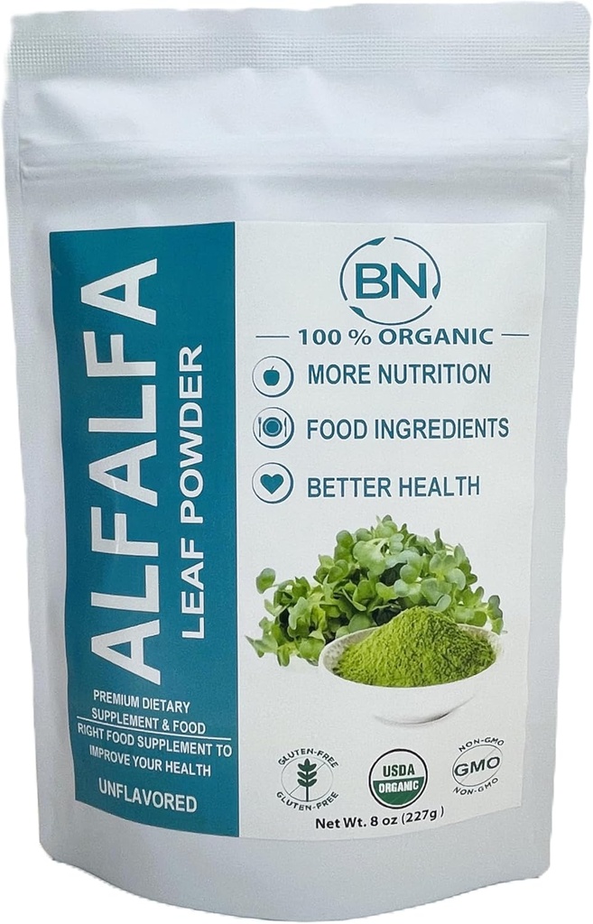 Alfalfa Leaf Powder - Green Superfood Supplement für Getränke, Tee, Shakes, Vegan, Glutenfrei, Non GMO, Kosher