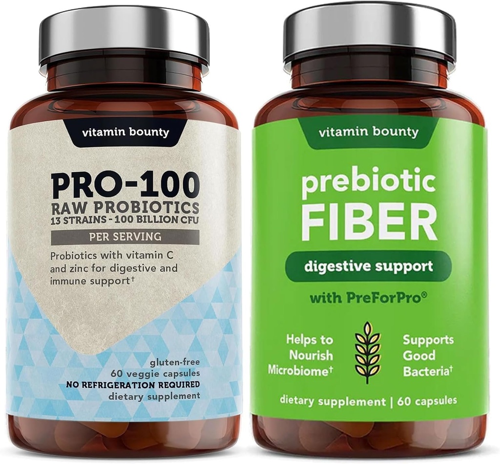 Vitamin Bounty Pro-100 Probiotics & Prebiotic Fiber Bundle: Ultimate Gut Health Support mit 13 Strains, 100 Billion CFUs, Zink & Vitamin C, Delayed Release Capsules - 90 Kapseln