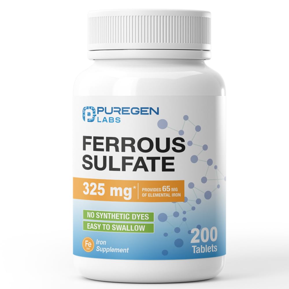 Puregen Labs Sulfate de fer 325 mg (65 mg de fer élémentaire) Supplément de fer à haute puissance.