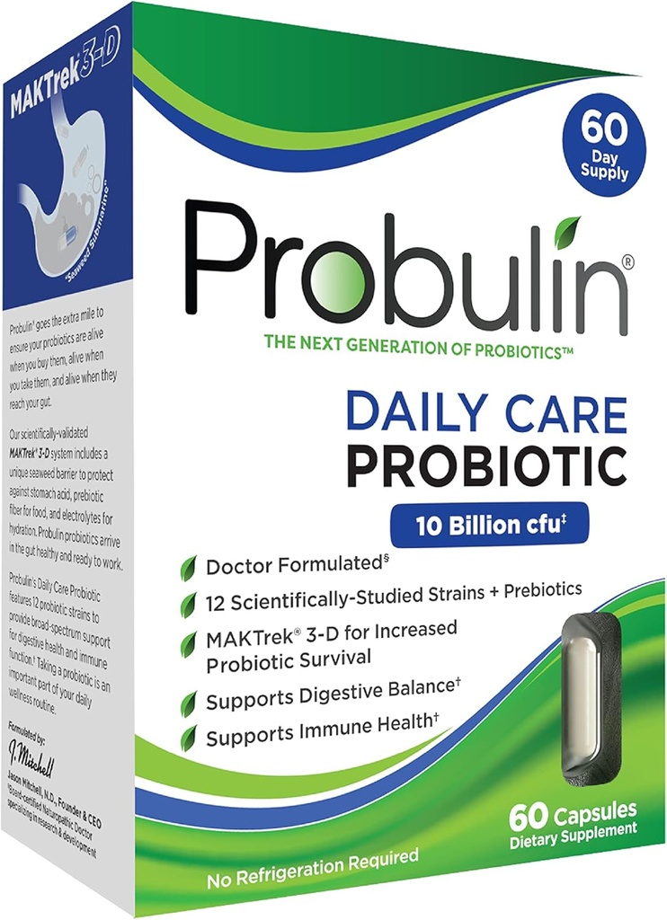 Probulin Daily Care Probiotic Supplement, Verdauungs-, Gut- und Immungesundheitsunterstützung Kapseln für Männer und Frauen, 10 Billion CFU, Vegan, 60 Count Box