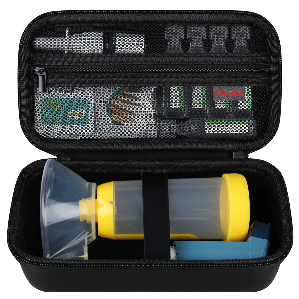 Elonbo Carrying Case für Asthma Inhaler, Inhalator Spacer für Kinder und Erwachsene, Masken, Inhalator Holder Asthma Travel Organize Bag, Pocket Fits Allergy Meds, Ventolin Inhaler, Schwarz (Case Only)
