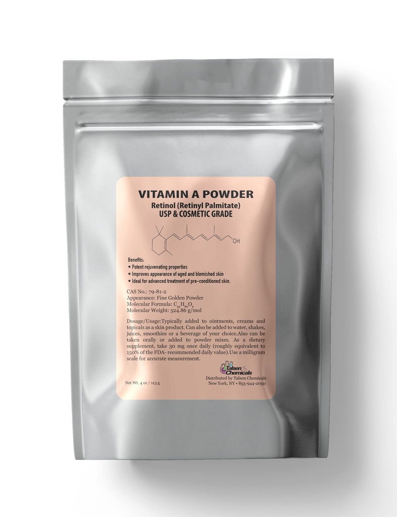 Vitamin A Pulver Retinyl Palmitate, reines Retinol pulverisiertes Vitamin Wasser lösliches Vitamin A USP & Cosmetic Grad (4 Unze / 113 Gramm)