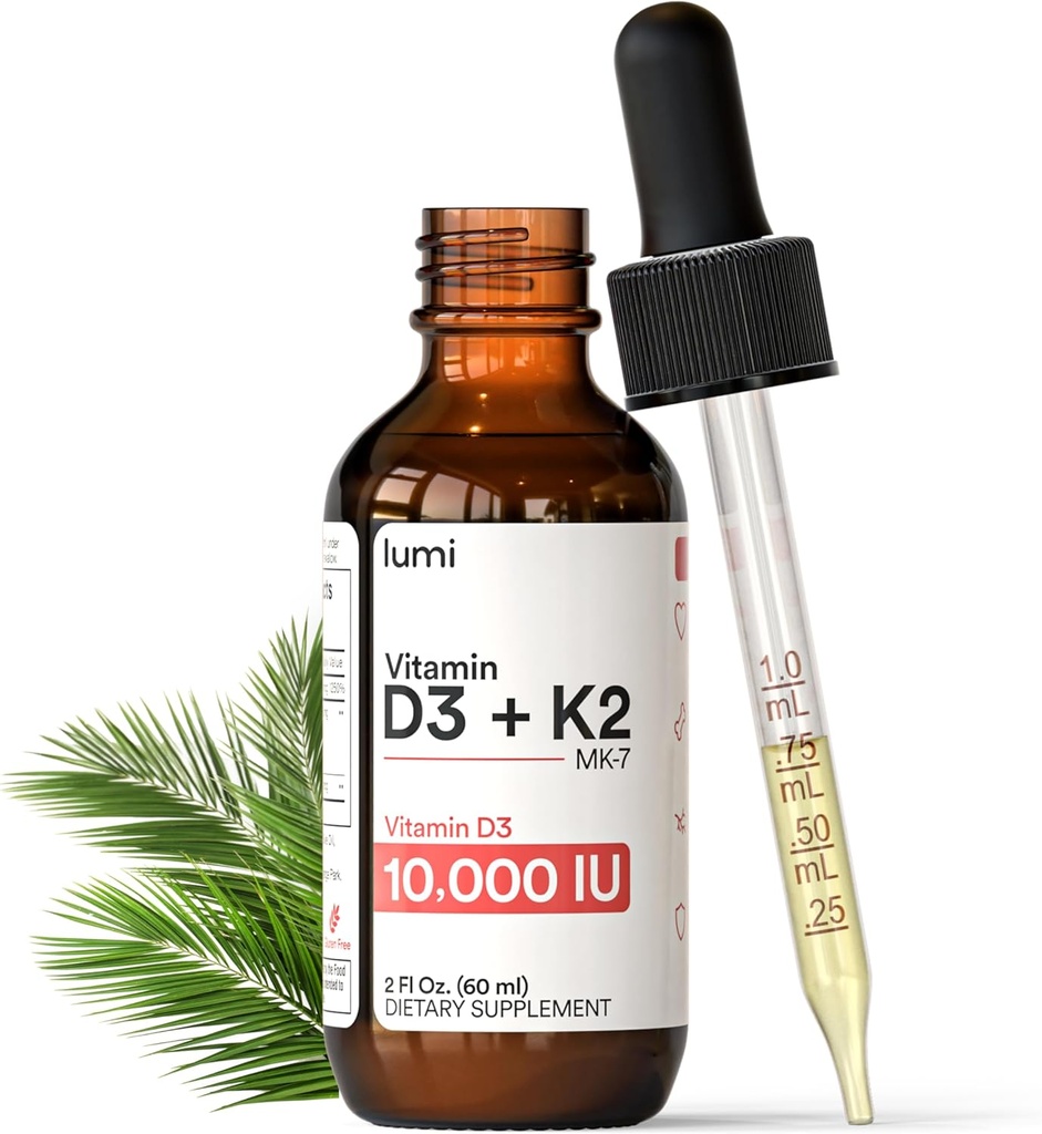 lumi Vitamin D3 K2 MK7 w Palm MCT Öl - 10000 IU D3, 200 mcg K2 MK7-60ml Liposomal Absorption Sublingual Liquid Drops - Non-GMO, Vegan, Unflavored Liquid - Monatliche Versorgung - 2 Fl Oz