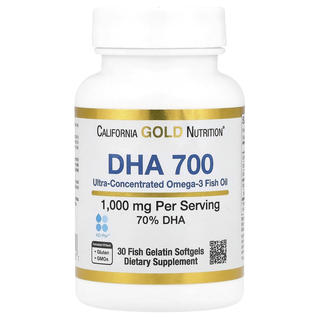 California Gold Nutrition DHA 700 Fish Oil Pharmaceutical Grad Fischöl mit DHA - Unterstützung für Gehirn und Herz-Kreislauf-Gesundheit - Glutenfrei, Non-GMO - 1000 mg - 30 Fish Gelatin Softgels