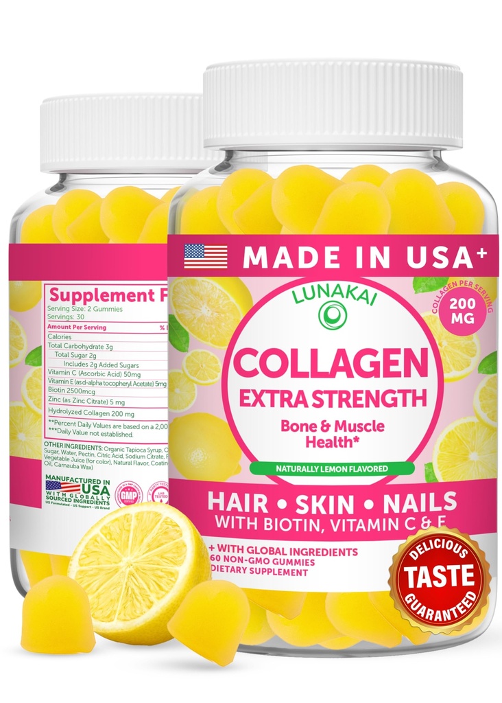 Lunakai USA Made Collagen Peptides Gummies - 200mg Non-GMO Anti-Aging Formel mit Biotin, Zink, Vitamine C & E für Haar, Haut und Nägel, 60ct