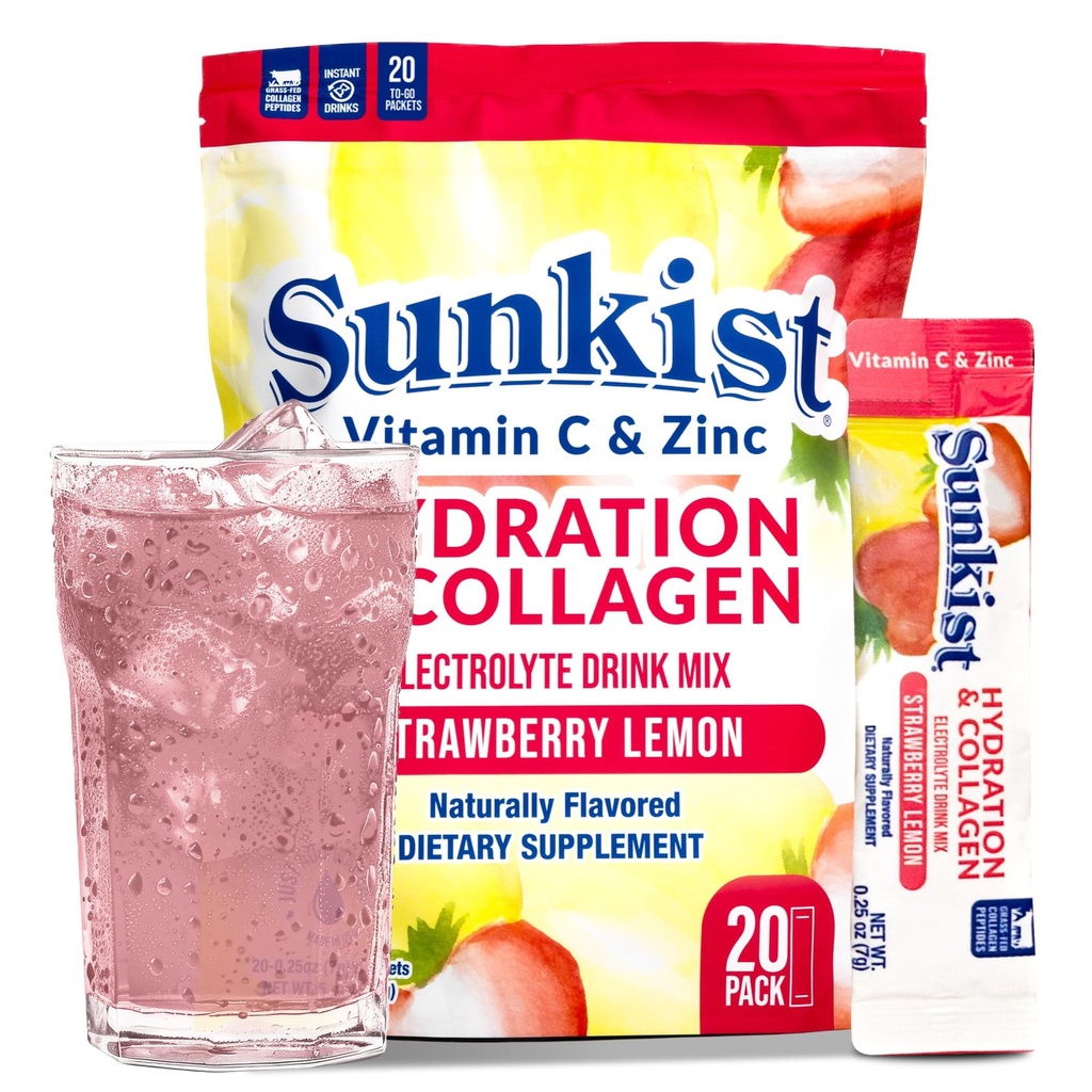The Frozen Bean Sunkist Collagen Drink Mix - Hydration Erdbeer Zitronen-Elektrolyt-Getränk für Frauen mit Vitamin C, Zink, Collagen Peptide, Natürlich aromatisiert - 20 Pack