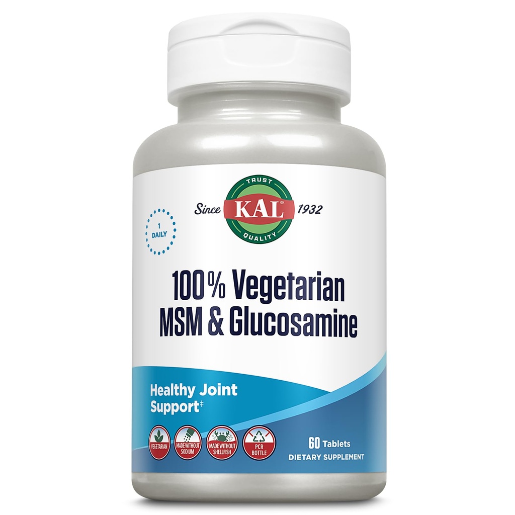 KAL 100% Vegetarische MSM & Glucosamin - Gesunde gemeinsame Unterstützung - Vegan Glucosamin und MSM Supplement - Made without Shellfish - Lab Verified - 60-Day Garantie - 60 Servietten, 60 Tabletten
