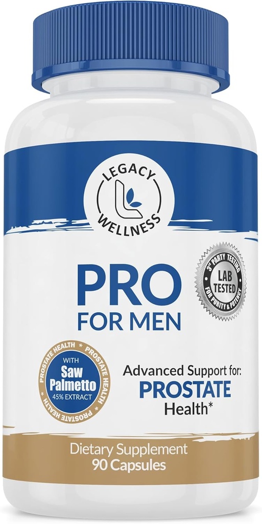 PRO Prostate Health Suppléments pour les hommes avec Saw Palmetto, Beta Sitostérol + soutient une miction et un flux sains, réduit les urgences et les voyages de salle de bains pour que vous puissiez bien dormir + bloqueur DHT, 90 capsules